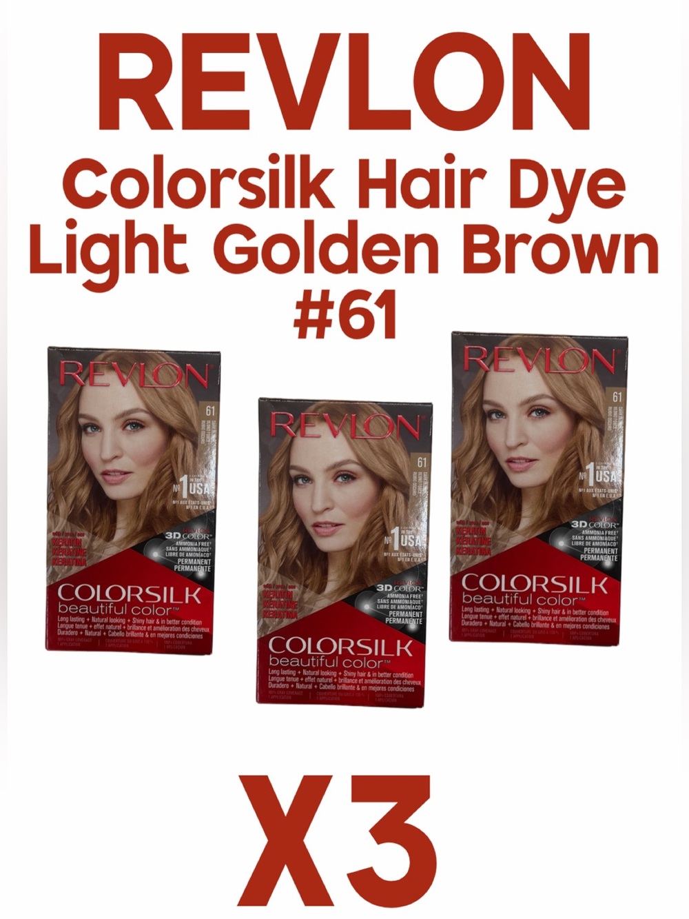 Revlon ColorSilk Permanent Hair Color - Light Golden Brown (61) x3